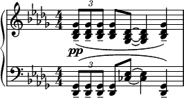 
\relative b' {
  \new PianoStaff <<
   \new Staff {
     \numericTimeSignature \key des \major \time 4/4
      \tuplet 3/2 {<ges des bes>8--\pp( <ges des bes>-- <ges des bes>--}
       <ges des bes> <des bes ges> ~ <des bes ges>4 <ges des bes>--)|
     }
   \new Staff { 
    \numericTimeSignature \key des \major \time 4/4 \clef bass
    \tuplet 3/2 {<ges,, des>8--( <ges des>-- <ges des>-- } 
    <ges des> <ces es> ~ <ces es>4 <ges des>)-- |
    }
  >>
 }
