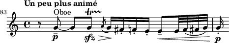 
\relative c' {
 \clef treble \time 4/4 \key a \minor
 \set Score.tempoHideNote = ##t \tempo "Un peu plus animé" 4 = 56
 \set Score.currentBarNumber = #83 \bar ""
 \set Staff.midiInstrument = "oboe"
 r8 g'--~\p^"Oboe" g[ g\startTrillSpan\sfz\>] \slashedGrace a8(\stopTrillSpan g16)\! fis-. f-. e-. e8--\< e32 f( fis g) | g16-.\p
}
