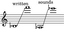 
    {
      \new Staff \with { \remove "Time_signature_engraver" }
      \clef treble \key c \major ^ \markup "written" \cadenzaOn
      bes1 \glissando f'''1
      aes1 ^ \markup "sounds" \glissando \clef treble ees'''1
    }
  