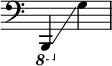 
{
    \override Score.SpacingSpanner.strict-note-spacing = ##t
    \set Score.proportionalNotationDuration = #(ly:make-moment 1/8)
    \override Score.TimeSignature #'stencil = ##f
    \relative c {
        \time 2/4
        \clef bass
        \ottava #-1 b,,4 \glissando \ottava #0 g'''
    }
}
