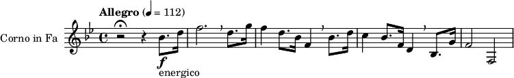 
\relative c'' {
\key bes \major {
 \set Staff.midiInstrument = "french horn"
 \set Staff.instrumentName = #"Corno in Fa"
 \transposition f
\tempo  "Allegro" 4 = 112
  { r2 \fermata r4  bes8. \f _"energico" d16 f2. \breathe d8. g16 f4 d8. bes16 f4 \breathe bes8. d16 c4 bes8. f16 d4 \breathe bes8. g'16 f2 f,2 }
}}
\layout { indent = 2.5\cm }
