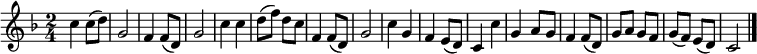 {
\set Staff.midiInstrument = #"harmonica"
\time 2/4 \key f \major c''4 c''8 ( d'' ) | g'2 | f'4 f'8 ( d' ) | g'2 | c''4 c'' | d''8 ( f'' ) d'' c'' | f'4 f'8 ( d' ) | g'2 | c''4 g' | f' e'8 ( d' ) | c'4 c'' | g' a'8 g' | f'4 f'8 ( d' ) | g' a' g' f' | g' ( f' ) e' ( d' ) | c'2 \bar "|." }
\addlyrics {东 方 红， 太 阳 升， 中 国 出 了 个 毛 泽 东。 他 为 人 民 谋 幸 福， （呼 儿 嗨 哟） 他 是 人 民  大 救 星。}