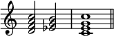 
{
\omit Score.TimeSignature
\relative c' {<d f a c>2 <es g b> <c e g c>1 \bar "||" } }
