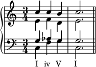 
   \new PianoStaff <<
      \new Staff <<
         \new Voice \relative c'' {
             \stemUp \clef treble \key c \major \time 3/4
             c4 c b c2.
             }
         \new Voice \relative c' {
             \stemDown
              e4 f d e2.
              }
            >>
     \new Staff <<
         \new Voice \relative c' {
             \stemUp \clef bass \key c \major \time 3/4
             g4 aes g g2.
             }
         \new Voice \relative c {
             \stemDown
             c4_\markup { \concat { "I" \hspace #1.5 "iv" \hspace #1.5 "V" \hspace #3.5 "I" } } f g c,2. \bar "||"
             }
         >>
    >>
