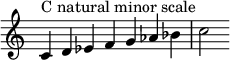  { 
\override Score.TimeSignature #'stencil = ##f
\relative c' { 
  \clef treble \time 7/4
  c4^\markup { C natural minor scale } d es f g aes bes c2
  }
}
