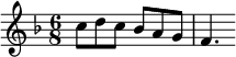 
<< \new Staff
 \relative c'' {
    \key f \major
    \tempo 4. = 55
    \set Score.tempoHideNote = ##t
    \time 6/8  c8 d c bes a g f4.
}
>>
