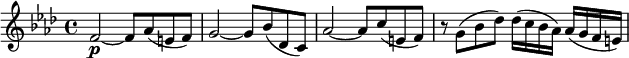  { \tempo 4 = 120 \set Score.tempoHideNote=##t \set Staff.midiInstrument = "violin" \relative f' { \key f \minor \time 4/4
f2~ \p f8 as( e f) | g2~ g8 bes( des, c) | as'2~ as8 c( e, f) | r8 g( bes des) des16( c bes as) as( g f e) }} 