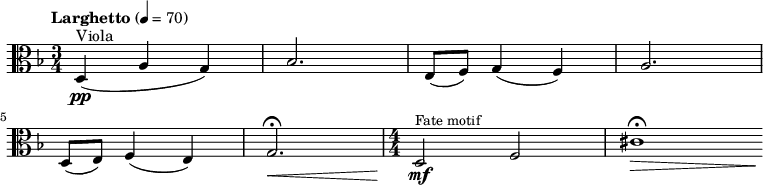 
\relative d {
    \clef "alto" \time 3/4 \key d \minor | % 1
    \set Staff.midiInstrument = "violin"
    \tempo "Larghetto" 4=70 \stemUp d4 ( ^ "Viola" _\pp \stemUp a'4
    \stemUp g4 ) | % 2
    \stemUp bes2. | % 3
    \stemUp e,8 ( [ \stemUp f8 ) ] \stemUp g4 ( \stemUp f4 ) | % 4
    \stemUp a2. \break | % 5
    \stemUp d,8 ( [ \stemUp e8 ) ] \stemUp f4 ( \stemUp e4 ) | % 6
    \stemUp g2. ^\fermata _\< | % 7
    \numericTimeSignature\time 4/4  \stemUp d2 -\! _\mf ^\markup{ \small
        {Fate motif} } \stemUp f2 | % 8
    cis'1 ^\fermata _\> \bar ""
    -\! }

