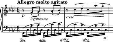 
\new PianoStaff <<
\new Staff = "Up" \with { \magnifyStaff #3/4 } <<
\new Voice \relative c' {
\clef treble
\tempo "Allegro molto agitato"
\set Score.tempoHideNote = ##t \tempo 4. = 96

\time 6/8
\key f \minor
r8 \p f-._\markup{\italic legatissimo} (g-.) r aes-. (bes-.) r_\markup{\italic cresc.} c-. \< (des-. c-. aes'-. g-. \! \hide r16)
}
>>
\new Staff = "Down" \with { \magnifyStaff #3/4 } <<
\new Voice \relative c{
\clef bass
\key f \minor
\stemDown
f,16 \sustainOn (c' aes' c, bes' c, \sustainOff) f, \sustainOn (c' c' c, des' c, \sustainOff) f, \sustainOn (c' c' c, bes' c, \sustainOff) f, \sustainOn (c' aes' c, bes' c, \sustainOff) s
}
>>
>>
