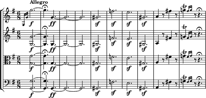 
{ 
<< \new StaffGroup <<
        \new Staff <<
            \tempo Allegro
            \relative c' {
                \clef treble \key g \major \time 6/8
                \grace { g16 g' } g'2.~\f
                g4.\fermata g,4.~\ff
                g2.~
                g
                gis\sf
                f'\sf
                e\sf
                gis,\sf
                a4 r8 fis'!4 r8
                \afterGrace g!4\trill { fis16 g } r8 r4.\fermata
                }
            >>
        \new Staff <<
            \relative c' {
                \clef treble \key g \major
                \grace { s16 s } <g g'>2.~\f
                <g g'>4.\fermata g4.~\ff
                g2.~
                g
                gis\sf
                f'\sf
                e\sf
                gis,\sf
                a4 r8 fis'!4 r8
                \afterGrace g!4\trill { fis16 g } r8 r4.\fermata
                }
            >>
        \new Staff <<
            \relative c' {
                \clef alto \key g \major
                \grace { s16 s } <g g'>2.~\f
                <g g'>4.\fermata g4.~\ff
                g2.~
                g
                gis\sf
                f'\sf
                e\sf
                gis,\sf
                a4 r8 fis'!4 r8
                \afterGrace g!4\trill { fis16 g } r8 r4.\fermata
                }
            >>
        \new Staff <<
            \relative c {
                \clef bass \key g \major
                \grace { s16 s } <g g'>2.~\f
                <g g'>4.\fermata g4.~\ff
                g2.~
                g
                gis\sf
                f'\sf
                e\sf
                gis,\sf
                a4 r8 fis'!4 r8
                \afterGrace g!4\trill { fis16 g } r8 r4.\fermata
                }
         >>
    >>
>> }
