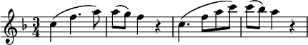 \new Score {
  \new Staff = "clarinet" {
    \relative c'' {
      \set Staff.midiInstrument = #"clarinet"
      \clef treble
     \key f \major
      \time 3/4
      c4( f4. a8) | a8( g) f4 r | c4.( f8 a c) | c8( bes) a4 r 
|    }
  }
}