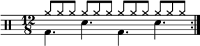 
    \new Staff <<
       \new voice \relative c' {
           \clef percussion
           \numericTimeSignature
           \time 12/8
           \set Score.tempoHideNote = ##t \tempo 4. = 80
           \stemDown \repeat volta 2 { g4. d' g, d' }
       }
       \new voice \relative c'' {
           \override NoteHead.style = #'cross
           \stemUp \repeat volta 2 { a8 a a a a a a a a a a a }
       }
   >>