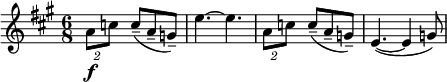 
\layout {
  indent = 0
  ragged-right = ##t
}

<< \new Staff
 \relative c'' {
    \set Staff.midiInstrument = #"string ensemble 1"
    \set Score.barNumberVisibility = #all-bar-numbers-visible
    \set Score.currentBarNumber = #9
    \key a \major
    \tempo 4. = 70
    \set Score.tempoHideNote = ##t
    \time 6/8  \tuplet 2/3 { a8\f c } c-- (a-- g--)
    e'4.~ 4.
    \tuplet 2/3 { a,8 c } c-- (a-- g--)
    e4.~ (4 g8)
}
>>
