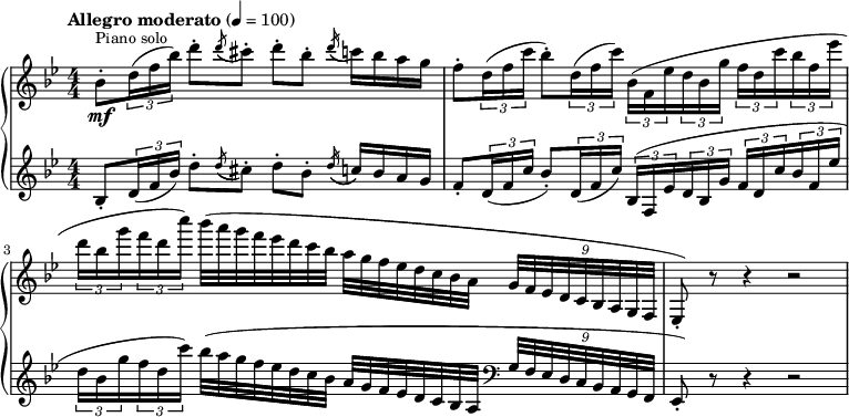 
{   \new PianoStaff << \new Staff \relative bes' {
    \clef "treble" \numericTimeSignature\time 4/4 \key bes \major | % 1
    \tempo "Allegro moderato" 4=100 \stemDown bes8 ^. [ ^\markup{ \small
        {Piano solo} } _\mf \times 2/3 {
        \stemDown d16 ( \stemDown f16 \stemDown bes16 ) ] }
    \stemDown d8 ^. [ \acciaccatura { \stemUp d8 ( } \stemDown cis8 ) ^.
    ] \stemDown d8 ^. [ \stemDown bes8 ^. ] \acciaccatura { \stemUp d16
        ( } \stemDown c16 ) [ \stemDown bes16 \stemDown a16 \stemDown g16
    ] | % 2
    \stemDown f8 ^. [ \times 2/3 {
        \stemDown d16 ( \stemDown f16 \stemDown c'16 ] }
    \stemDown bes8 ) ^. [ \times 2/3 {
        \stemDown d,16 ( \stemDown f16 \stemDown c'16 ) ] }
    \times 2/3  {
        \stemDown bes,16 ( [ \stemDown f16 \stemDown es'16 }
    \times 2/3  {
        \stemDown d16 \stemDown bes16 \stemDown g'16 ] }
    \times 2/3  {
        \stemDown f16 [ \stemDown d16 \stemDown c'16 }
    \times 2/3  {
        \stemDown bes16 \stemDown f16 \stemDown es'16 ] }
    \break | % 3
    \times 2/3  {
        \stemDown d16 [ \stemDown bes16 \stemDown g'16 }
    \times 2/3  {
        \stemDown f16 \stemDown d16 \stemDown c'16 ) ] }
    \stemDown bes32 ( [ \stemDown a32 \stemDown g32 \stemDown f32
    \stemDown es32 \stemDown d32 \stemDown c32 \stemDown bes32 ]
    \stemDown a32 [ \stemDown g32 \stemDown f32 \stemDown es32 \stemDown
    d32 \stemDown c32 \stemDown bes32 \stemDown a32 ] \once \omit
    TupletBracket
    \times 8/9  {
        \stemUp g32 [ \stemUp f32 \stemUp es32 \stemUp d32 \stemUp c32
        \stemUp bes32 \stemUp a32 \stemUp g32 \stemUp f32 ] }
    | % 4
    \stemUp es8 ) _. r8 r4 r2 }
    \new Staff \relative bes {
    \clef "treble" \numericTimeSignature\time 4/4 \key bes \major | % 1
    \stemUp bes8 _. [ \times 2/3 {
        \stemUp d16 ( \stemUp f16 \stemUp bes16 ) ] }
    \stemDown d8 ^. [ \acciaccatura { \stemUp d8 ( } \stemDown cis8 ) ^.
    ] \stemDown d8 ^. [ \stemDown bes8 ^. ] \acciaccatura { \stemUp d16
        ( } \stemUp c16 ) [ \stemUp bes16 \stemUp a16 \stemUp g16 ] | % 2
    \stemUp f8 _. [ \times 2/3 {
        \stemUp d16 ( \stemUp f16 \stemUp c'16 ] }
    \stemUp bes8 ) _. [ \times 2/3 {
        \stemUp d,16 ( \stemUp f16 \stemUp c'16 ) ] }
    \times 2/3  {
        \stemUp bes,16 ( [ \stemUp f16 \stemUp es'16 }
    \times 2/3  {
        \stemUp d16 \stemUp bes16 \stemUp g'16 ] }
    \times 2/3  {
        \stemUp f16 [ \stemUp d16 \stemUp c'16 }
    \times 2/3  {
        \stemUp bes16 \stemUp f16 \stemUp es'16 ] }
    \break | % 3
    \times 2/3  {
        \stemDown d16 [ \stemDown bes16 \stemDown g'16 }
    \times 2/3  {
        \stemDown f16 \stemDown d16 \stemDown c'16 ) ] }
    \stemDown bes32 ( [ \stemDown a32 \stemDown g32 \stemDown f32
    \stemDown es32 \stemDown d32 \stemDown c32 \stemDown bes32 ] \stemUp
    a32 [ \stemUp g32 \stemUp f32 \stemUp es32 \stemUp d32 \stemUp c32
    \stemUp bes32 \stemUp a32 ] \clef "bass" \once \omit TupletBracket
    \times 8/9  {
        \stemUp g32 [ \stemUp f32 \stemUp es32 \stemUp d32 \stemUp c32
        \stemUp bes32 \stemUp a32 \stemUp g32 \stemUp f32 ] }
    | % 4
    \stemUp es8 ) _. r8 r4 r2 } >> }
    