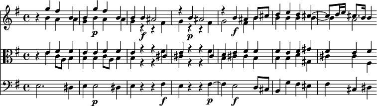 
<< <<
\new Staff { \clef treble \time 4/4 \key e \minor
    \set Staff.midiInstrument = "violin" \set Score.tempoHideNote = ##t
    \relative c'' {
    r4 << { g'4 fis b, | b g'\p fis b, | b b\f ais2 | r4 b\p ais2 |
    r4 b\f ais b8 cis | d4 e d cis~ | cis8 d16 e cis8. b16 b4 } \\
    { \omit Voice.DynamicText
    b4 a a | g b\p a a | g r r fis\f | g r r fis\p |
    g2 fis4\f b | b b b b~ | b a2
    \undo \omit Voice.DynamicText } >>
    }
}
\new Staff { \clef alto \key e \minor
    \set Staff.midiInstrument = "viola"
    \relative c' {
    \omit Staff.DynamicText
    r4 << { e fis fis | e e\p fis fis | e r r cis\f | e r r cis\p |
    d e\f fis fis | fis e fis gis | fis e fis } \\
    { e4 c8 a b4 | b b\p c8 a b4 | b r r fis'\f | cis r r fis\p |
    b,cis\f cis b | b b d gis, | cis cis fis, } >>
    \undo \omit Staff.DynamicText
    }
}
\new Staff { \clef bass \key e \minor
    \set Staff.midiInstrument = "cello"
    \relative c {
    e2. dis4 | e4 e2\p dis4 | e r r fis\f | e r r fis~\p |
    fis e2\f d8 cis | b4 g' fis eis | fis cis dis
    }
}
>> >>
\layout { indent = #0 }
\midi { \tempo 4 = 56 }
