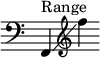 
{ \override Score.TimeSignature #'stencil = ##f
  \relative c'' { \clef bass \key c \major f,,,4^\markup { "Range" }\glissando \clef treble f''' }
}