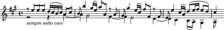  { \tempo 4 = 132 \set Score.tempoHideNote=##t \set Staff.midiInstrument = "violin" \relative e'' { \key a \major \time 4/4
<< \new Voice = "first" { \voiceOne r8 e-. e-. e-. d16( cis b cis) a8-. cis-. | b8 b'4 gis16( e) a8-. a,-. r a |
   gis8 gis'4 e16( cis) fis8-. fis,-. r fis | e8 e'4 cis16( a) d8( e16 fis e8 d-.) | cis4}
   \new Voice = "second" \relative a' { \voiceTwo r2 _\markup { \italic "sempre sotto voce" } r4 a~ | a4 gis2 fis4~ |
   fis4 e2 d4~ | d4 cis b8( a) gis4 | a8 } >> }}
\layout { \context { \Score \override SpacingSpanner.common-shortest-duration = #(ly:make-moment 1/8) }} 