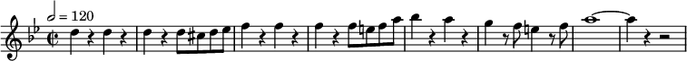 
\relative c'' { 
  \set Staff.midiInstrument = #"flute"
  \tempo 2 = 120
  \key bes \major
  \time 2/2
  d4 r4 d4 r4 | d4 r4 d8 cis d es | f4 r4 f4 r4 | f4 r4 f8 e f a | bes4 r4 a4 r4 | g r8 f8 e4 r8 f8 | a1 ~ a4 r4 r2
}
