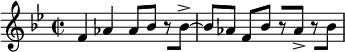 
{
    \relative c' {
        \time 2/2 \key bes \major
        \set Score.tempoHideNote = ##t \tempo 2 = 108
        f4 aes aes8 bes r[ bes->~] bes[ aes] f[ bes] r[ aes->] r[ bes]
    }
}
