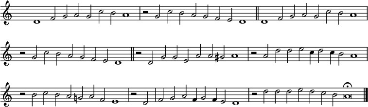 
{ \key c \major 
\time 72/2
\set Score.tempoHideNote = ##t
\tempo 2=100
\set Staff.midiInstrument = "english horn"
\override Score.TimeSignature #'transparent = ##t
\override Score.BarNumber  #'transparent = ##t
 \repeat unfold 2 { d'1 f'2 g' a' g' c'' b' a'1 \bar "|"  r2 g' c'' b' a' g' f' e' d'1 \bar "||" } 
 r2  d' g' g' e' a' a' gis' a'1 \bar "|" r2 a' d'' d'' e''  c''4 d''2 c''4 b'2 a'1 \bar "|"
 r2 b' c'' b' a' g' a' f' e'1  \bar "|" r2 d' f' g' a' f'4 g'2 f'4 e'2 d'1 \bar "|"
 r2 d'' d'' d'' e'' d'' c'' b' a'\breve\fermata \bar "|."}
