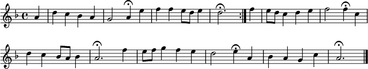 
\new Staff <<
\clef treble
\new Voice = "Soprano"
  { \key d \minor \tempo 4=60 \set Staff.midiInstrument = "oboe" {
      \set Score.tempoHideNote = ##t
      \override Score.BarNumber  #'transparent = ##t      
      \time 4/4      
      \relative c''
      \repeat volta 2 { \partial 4 a4 | d4 c bes a | g2 a4\fermata e' | f f e8 d e4 | d2.\fermata } 
      \relative c'' {
      f4 | e8 d c4 d e | f2 f4\fermata \break c | d c bes8 a bes4 | a2.\fermata f'4 | e8 f g4 f e | d2 e4\fermata a, | bes a g c | a2.\fermata \bar "|."
      }
    }
  }
>>
