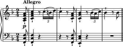 
{
#(set-global-staff-size 14)
\time 2/4
\new PianoStaff <<
\new Staff { \relative c' { \key f \major
\partial 8 <a
 c f a>8_!\p^\markup{ \bold "Allegro" } | <c f a c>4_! r8 \tuplet 3/2 8 { c'16( b d) }
c4-! r8 <c, f a>_! <c g' bes>4_! r8 \tuplet 3/2 { bes'16( a c) } bes4-! r8 bes \bar "||" } }
\new Staff { \relative c, { \key f \major \clef "bass"
\partial 8 <f c' f>8_! | <f c' f>4_! r r r8 <f c' f>8_! <e c' e>4_! r \compressEmptyMeasures R1*2/4 \bar "||" } } >>
 }
