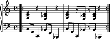 
    {
      \new PianoStaff <<
        \new Staff <<
            \relative c' {
                \set Score.tempoHideNote = ##t \tempo 2 = 100
                \clef treble \key c \major \time 4/4
                <g c e>4 r <f bes d> r <g c e> r8[ <f bes d>] r[ <f bes d>] r4
                }
            >>
        \new Staff <<
            \relative c {
                \clef bass \key c \major \time 4/4
                \bar ".|:"
                c8 g c,4 bes'8 f bes,4 c'8 g c, bes' r[ bes] bes,4 \bar ":|."
                }
            >>
    >> }
