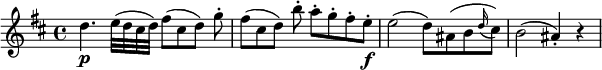 
\relative d'' {
\key b \minor \time 4/4
d4. \p e32( d cis d) fis8([ cis d)] g-. | fis8([ cis d)] b'-. a-. g-. fis-. e-. \f
e2( d8) ais( b \appoggiatura d16 cis8) | b2( ais4-.) r
} 