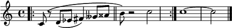 {
\clef treble
\time 4/4
\key c \major
\bar ".|:"
c'8\( r d'( ees' fis'4) geses'8 aisis'
\bar "||"
b'\) r2 c''
\bar ":|."
c''1~ | c''2
\bar "|."
}