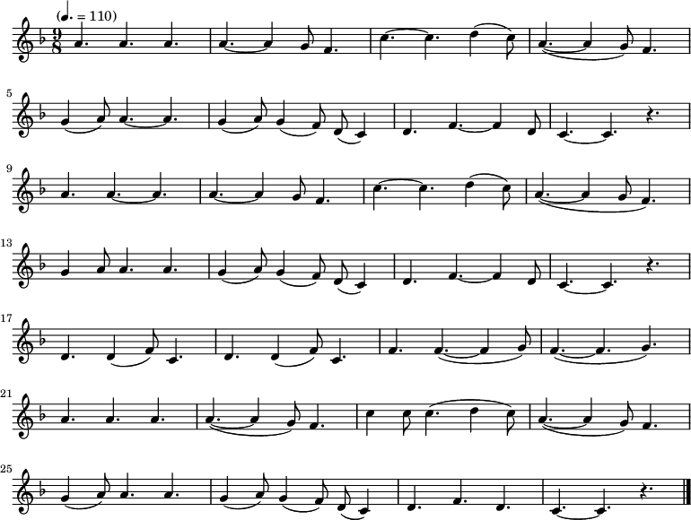 
\relative c' { \key f \major \time 9/8 \tempo "" 4. = 110 \set Staff.midiInstrument = #"violin"
a'4. a4. a4. | a4. ~ a4 g8 f4. | c'4. ~ c4. d4 ( c8 ) | a4. ~ ( a4 g8 ) f4. |\break
g4 (a8) a4. ~ a4. | g4 ( a8 ) g4 ( f8 ) d8  ( c4 ) | d4. f4. ~ f4 d8 | c4. ~ c4. r4. |\break
a'4. a4. ~ a4. | a4. ~ a4 g8 f4. | c'4. ~ c4. d4 ( c8 ) | a4. ~ ( a4 g8 f4. ) |\break
g4 a8 a4. a4. | g4 ( a8 ) g4 ( f8 ) d8  ( c4 ) | d4. f4. ~ f4 d8 | c4. ~ c4. r4. |\break
d4. d4 ( f8 ) c4. | d4. d4 ( f8 ) c4. | f4. f4. ~ ( f4 g8 ) | f4. ~ ( f4. g4. ) |\break
a4. a4. a4. | a4. ~ ( a4 g8 ) f4. | c'4 c8 c4. ( d4 c8 ) | a4. ~ ( a4 g8 ) f4. |\break
g4 (a8) a4. a4. | g4 ( a8 ) g4 ( f8 ) d8  ( c4 ) | d4. f4. d4. | c4. ~ c4. r4.| \bar "|."}
\addlyrics {
도 라 지 도 라 지 백 도 라 지
심 심 산 천 에 백 도 라 지
한 두 뿌 리 만 캐 어 도
대 바 구 니 철 철 철 다 넘 는 다
에 헤 요 에 헤 요 에 헤 요
에 야 라 난 다 지 화 자 좋 다
얼 씨 구 좋 구 나 내 사 랑 아
}
