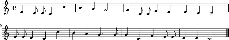 
\new Staff <<
\clef treble \key c \major {
      \time 4/4 \autoBeamOff 
      \relative c' {
        e4 d8 d8 c4 c' | b a g2 | g4 c,8 c f4 e | e d d2 \break
        e8 e d4 c c' | b4 a g4. g8 | g4 c, f e8 e | d4 d c2 \bar "|."
      }
    }
>>
\midi { \tempo 2 = 78 }
