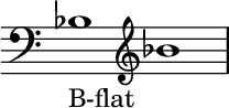 { \new Staff \with{ \magnifyStaff #3/2 } << \time 2/1 \override Score.TimeSignature #'stencil = ##f { \clef bass bes1_B-flat \clef treble bes' } >> }