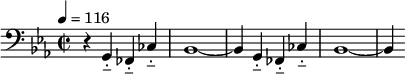 
\relative g,
{  
\time 2/2 
\tempo 4 = 116
\key ees \major \clef bass
r4 g-_ fes-_ ces'-_ bes1~ bes4 g-_ fes-_ ces'-_ bes1~ bes4
} 
