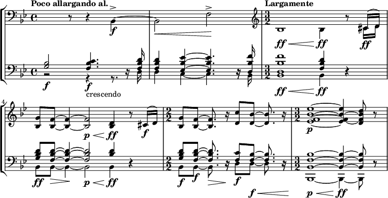  
{ \new StaffGroup <<
 \new Staff <<
 \new Voice \relative c'
   { \set Staff.midiInstrument = #"trumpet" \clef bass \key g \minor \time 4/4 \tempo "Poco allargando al." \stemUp \clef bass s1 | s1 | \clef treble \time 3/2 s1 s4 s8 \slurUp cis16( d) | <g bes,>8 <f bes,>~ <f bes,>4~ <f bes,>2\p\< <d bes>4\!\ff r8 cis16\f( d) | \numericTimeSignature \time 2/2 <g bes,>8[ <f bes,>~] <f bes,>8. r16 <c' d,>8[ <bes d,>8~] <bes d,>8. r16 | \time 3/2 <ees bes f ees>1\p~ <ees bes f ees>4~ <d bes f d>8 r | }
 \new Voice \relative c
   { \set Staff.midiInstrument = #"french horn" \stemDown s4. r8 r4 bes->\f~ | bes2\< f'->\! | \time 3/2 bes1\ff\< bes4\ff\! r8 cis16\ff\( d) |} >> 
 \new Staff <<
 \new Voice \relative c' 
   { \set Staff.midiInstrument = #"trombone" \clef bass \key g \minor \time 4/4 \stemUp < bes g>2\f < c bes f>4.\f-"crescendo" r16 < d bes f> | \tieUp < d bes f >4 < ees bes ees, >~ < ees bes ees, >4. r16 < f bes, d, > | \time 3/2 \tempo "Largamente" < f bes, d, >1 < d bes f >4 r | <d bes g>8 <d bes f>~ <d bes f>4~ < d bes f>2 <d bes>4 r | \numericTimeSignature \time 2/2 <d bes g>8[ <d bes f>~] <d bes f>8. r16 <c f,>8[ <bes f>~] <bes f>8.~ r16 | \time 3/2 <bes f bes,>1~ <bes f bes,>4~ <bes f bes,>8 r8 |}
 \new Voice \relative c 
   { \set Staff.midiInstrument = #"tuba" \stemDown r2 r4 r8. d16 | \tieDown d4 c4~ c4. r16 bes | \time 3/2 bes1\ff\< bes4\!\ff r | bes8\ff-> bes\>~ bes4\!~ bes2\p\< bes4\!\ff r | \numericTimeSignature \time 2/2 bes8\f[ bes\f~] bes8.\> r16\! d8\f[ d\f\<~] d8.\~ r16 | \time 3/2 bes,1~\p\< bes4~\!\ff bes8 r | }
 >>
 >> } 
