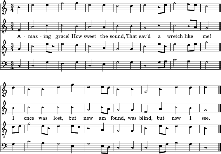 
<< <<
\new Staff { \clef treble \time 3/4 \partial 4 \key c \major \set Staff.midiInstrument = "flute" %sopran
  \set Score.tempoHideNote = ##t \override Score.BarNumber #'transparent = ##t
  \relative c'' { \sacredHarpHeads
  c4 | e2 e4 | g2 g4 | e2 e4 | d2 d4 | e2 c8 e | g2 f8 e | d2 \bar"||" \break
  d4 | c2 c4 | e2 g4 | e2 e8 d | c2 c4 | g2 c4 | e2 d4 | e2 \bar"|." }
}
\new Staff { \clef treble \key c \major \set Staff.midiInstrument = "flute" %alt
  \relative c' { \sacredHarpHeads
  e4 | a2 c4 | c2 b4 | a2 a4 | b2 b4 | g2 c4 | c2 b8 a | g2
  b4 | c2 c4 | c2 c4 | g2 c8 a | g2 g4 | e2 a4 | c2 b4 | g2 }
}
\new Lyrics \lyricmode {
A4 -- maz2 -- ing4 grace!2 How4 sweet2 the4 sound,2
That4 sav'd2 a4 wretch2 like4 me!2
I4 once2 was4 lost,2 but4 now2 am4 found,2
was4 blind,2 but4 now2 I4 see.2
}
\new Staff { \clef "treble_8"
  \key c \major \set Staff.midiInstrument = "oboe" %tenor
  \relative c' { \sacredHarpHeads
  g4 | c2 e8 c | e2 d4 | c2 a4 | g2 g4 | c2 e8 c | e2 d8 e | g2
  d8 e | g2 e8 c | e2 e8 d | c2 a4 | g2 g4 | c2 e8 c | e2 d4 | c2 }
}
\new Staff { \clef bass \key c \major \set Staff.midiInstrument = "flute" %bass
  \relative c { \sacredHarpHeads
  c4 | c2 g'4 | e2 g4 | c,2 e4 | g2 g4 | c,2 g'8 a | c2 a4 | g2
  g4 | c2 a4 | g2 e4 | g2 e8 d | c2 c4 | c2 e8 g | a2 g4 | c,2 }
}
>> >>
\layout { indent = #0 }
\midi { \tempo 4 = 80 }
