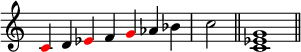 
{
\override Score.TimeSignature #'stencil = ##f
\relative c' {
  \clef treble
  \time 7/4 \once \override NoteHead.color = #red c4 d \once \override NoteHead.color = #red es f \once \override NoteHead.color = #red g aes bes \time 2/4 c2 \bar "||"
  \time 4/4 <c, es g>1 \bar "||"
} }
