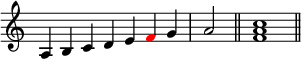 
{
\override Score.TimeSignature #'stencil = ##f
\relative a {
  \clef treble
  \time 7/4 a4 b c d e \once \override NoteHead.color = #red f g \time 2/4 a2 \bar "||"
  \time 4/4 <f a c>1 \bar "||"
} }
