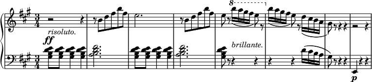 
 \relative c' {
  \new PianoStaff <<
   \new Staff { \key fis \minor \time 3/4
    \set Score.tempoHideNote = ##t
     \tempo "" 2. = 64
     r2_\markup { \italic risoluto. } r4 r8 b' d fis b fis e2. r8 b d fis b fis e8 r \ottava #1 \set Staff.ottavation = #"8"
       \voiceTwo b''16( a gis fis e8) r \ottava #0 b16( a gis fis e8) r d16( cis b a gis8) r r4 r r2 r4
   }
   \new Dynamics {
    s2\ff s4 s8 s s s s s s2. s8 s s s s s s8 s s16_\markup { \italic brillante. }
      }
   \new Staff { \key fis \minor \time 3/4 \clef bass
      <gis, b d e>8 <gis b d e> <gis b d e>4 <gis b d e> <a b d fis>2. <gis b d e>8 <gis b d e> <gis b d e>4 <gis b d e> <a b d fis>2. <gis b d e>8 r r4 r r r d'16( cis b a gis8) r r4 r e,\p r r
   }
  >>
 }
