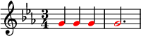 \relative c'' {
\key c \minor
\time 3/4
\override NoteHead #'color = #red
g4 g g |
g2.
}