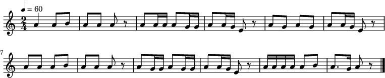 {
\key a \minor \time 2/4 \tempo 4=60 \relative d' {
a'4 a8 b| a a a r| a a16 a a8 g16 g| a8 a16 g e8 r|
a8 g a g a a16 g e8 r| a a a b| a a a r|
a g16 g a8 g16 g| a8 a16 g e8 r| a16 a a a a8 b a8. g16 a8 r \bar "|."
 }
\addlyrics {
 か ご め か ご め か ご の な か の と り ー は
 い つ い つ で や ー る よ あ け の ば ん に
 つ る と か め と す べ っ た う し ろ の しょう めん だ ー れ
 }
}