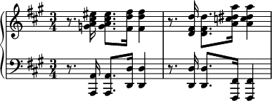 
    {
      \new PianoStaff <<
        \new Staff <<
            \relative c'' {
                \clef treble \key fis \minor \time 3/4
                r8. <g a cis eis>16 <g a cis eis>8. <fis d' fis>16
                <fis d' fis>4 r8. <d fis d'>16 <d fis d'>8. <a' c dis a'>16
                <a c dis a'>4
                }
            >>
        \new Staff <<
            \new Voice \relative c, {
                \clef bass \key fis \minor \time 3/4
                r8. <a a'>16 <a a'>8. <d d'>16
                <d d'>4 r8. <d d'>16 <d d'>8. <fis, fis'>16
                <fis fis'>4
                }
            >>
    >> }
