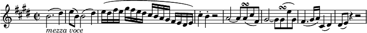  { \tempo 4 = 60 \set Score.tempoHideNote=##t \set Staff.midiInstrument = "violin" \relative b' { \key e \major \time 2/2
b2.( _\markup { \italic "mezza voce" } dis4) | e8( b) b2( dis4) | e16([ dis fis e] gis[ fis e dis] cis[ b a gis] fis[ e dis e]) |
cis'4-. b-. r2 | a2~ a8 a( \turn cis fis,) |
gis2~ gis8  gis( \turn e' gis,) | fis4.( gis16 a) cis,4( dis) | dis8( e) r4 r2 }}
\layout { \context { \Score \override SpacingSpanner.common-shortest-duration = #(ly:make-moment 1/4) }} 