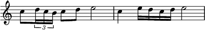  {
\override Score.TimeSignature #'stencil = ##f
    \relative c'' {
        c8 \tuplet 3/2 { d16 c b } c8 d e2
        c4 e16 d c d e2
    }
}
