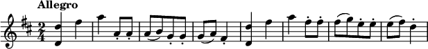 
\relative c'' { \set Score.tempoHideNote = ##t \tempo "Allegro" 4=130 \key d \major \time 2/4
  <d d,>4 fis a a,8-. a-. a[( b) g-. g-.] g( a) fis4-.
  <d' d,> fis a fis8-. fis-. fis[( g) e-. e-.] e( fis) d4-.
}
