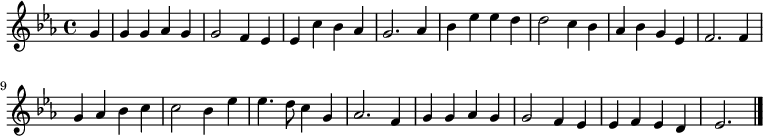 
\new Staff <<
  \set Staff.midiInstrument = "flute"
  \time 4/4
  \key es \major
  \partial 4
  \relative c'' {
  g4 | g g as g | g2 f4 es | es c' bes as | g2.
  as4 | bes es es d | d2 c4 bes | as bes g es | f2.
  f4 | g as bes c | c2 bes4 es | es4. d8 c4 g | as2.
  f4 | g g as g | g2 f4 es | es f es d | es2. \bar "|."
  }
>>
\layout { indent = #0 }
\midi { \tempo 4 = 90 }
