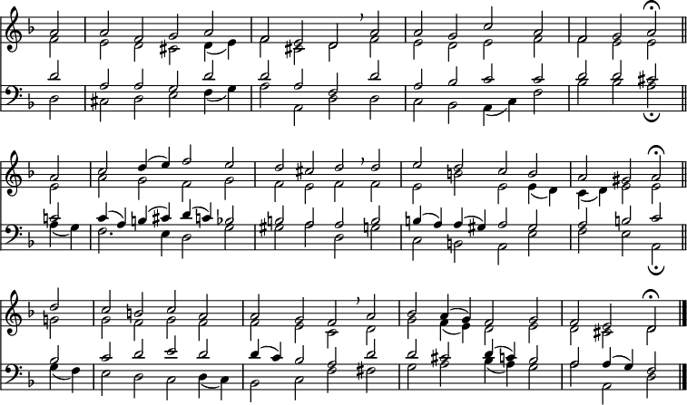 
<< <<
\new Staff { \clef treble \time 4/2 \partial 2 \key d \minor \set Staff.midiInstrument = "church organ" \omit Score.TimeSignature \set Score.tempoHideNote = ##t \override Score.BarNumber #'transparent = ##t
  \transpose c d { \relative c''
  << { g2 | g es f g | es d c \breathe
  g' | g f bes g | es f g\fermata \bar"||" \break
  g | bes c4( d) es2 d | c b c \breathe
  c | d c bes a | g fis g\fermata \bar"||"
  c | bes a bes g | g f es \breathe
  g | as g4( f) es2 f | es d c\fermata \bar"|." } \\
  { es2 | d c b c4( d) | es2 b c
  es | d c d es | es d d
  d | g f es f | es d es
  es | d a' d, d4( c) | bes( c) d2 d
  f! | f es f es | es d bes
  c | f es4( d) c2 d | c b c } >> }
}
\new Staff { \clef bass \key d \minor \set Staff.midiInstrument = "church organ"
  \transpose c d { \relative c'
  << { c2 | g g f c' | c g es
  c' | g as bes bes | c c b
  bes! | bes4( g) a( b) c( bes) as2 | a g g
  a | a4( g) g( fis) g2 fis | g a bes
  a | bes c d c | c4( bes) as2 g
  c | c b c4( bes) as2 | g g4( f) es2 } \\
  { c2 | b c d es4( f) | g2 g, c
  c | bes as g4( bes) es2 | as as g\fermata
  g4( f) | es2. d4 c2 f | fis g c,
  f | bes, a g d' | es d g,\fermata
  f'4( es) | d2 c bes c4( bes) | as2 bes es
  e | f g as4( g) f2 | g g, c } >> }
}
>> >>
\layout { indent = #0 }
\midi { \tempo 2 = 80 }
