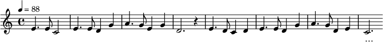 
\relative c'{
 \key c \major \time 4/4 \tempo 4 = 88
 e4. e8 c2 | e4. e8 d4 g | a4. g8 e4 g | d2. r4 |
 e4. d8 c4 d | e4. e8 d4 g | a4. g8 d4 e | c2. 
}
 \addlyrics {
 人 人 人 代 谢 靡 尽 先 后 觉 新 民
 可 能 可 能 陶 冶 精 神 道 德 润 心 身…
}
