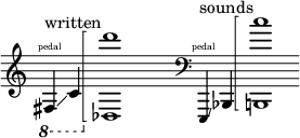 
    {
      \new Staff \with { \remove "Time_signature_engraver" }
      \clef treble \key c \major ^ \markup "written" \cadenzaOn
      \tweak font-size #-2 \ottava #-1 fis, \finger \markup \text "pedal" \glissando c
      \ottava #0 \arpeggioBracket <des d'''>1 \arpeggio
      \once \hide r1
      \clef bass ^ \markup "sounds"
      \tweak font-size #-2 e,,4 \finger \markup \text "pedal" \glissando bes,,4
      \arpeggioBracket <b,, c''>1 \arpeggio
    }
  