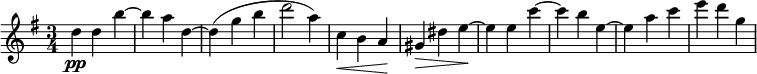 
\relative c'' {
  \time 3/4
  \key g \major
  d4\pp d b'~ | b a d,~ | d( g b | d2 a4) | c,\< b a\! | gis\> dis' e~\! | e e c'~ | c b e,~ | e a c | e d g,
}
