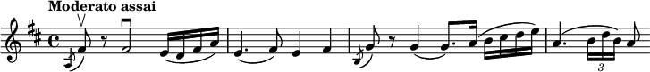 

\relative c'

 {\key d \major
 \tempo "Moderato assai"

 \acciaccatura a8 fis'8\upbow r fis2\downbow e16 (d fis a) 
e4. (fis8) e4 fis 
\acciaccatura b,8 g'8 r g4 (g8.) a16 (b cis d e) 
a,4. (\tuplet 3/2 {b16 d b}) a8

}
